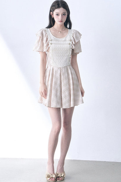 Knitted Patchwork Plaid Flutter-Sleeve Dress