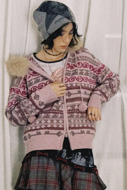 Detachable Fur Collar Fair Isle Hooded Cardigan