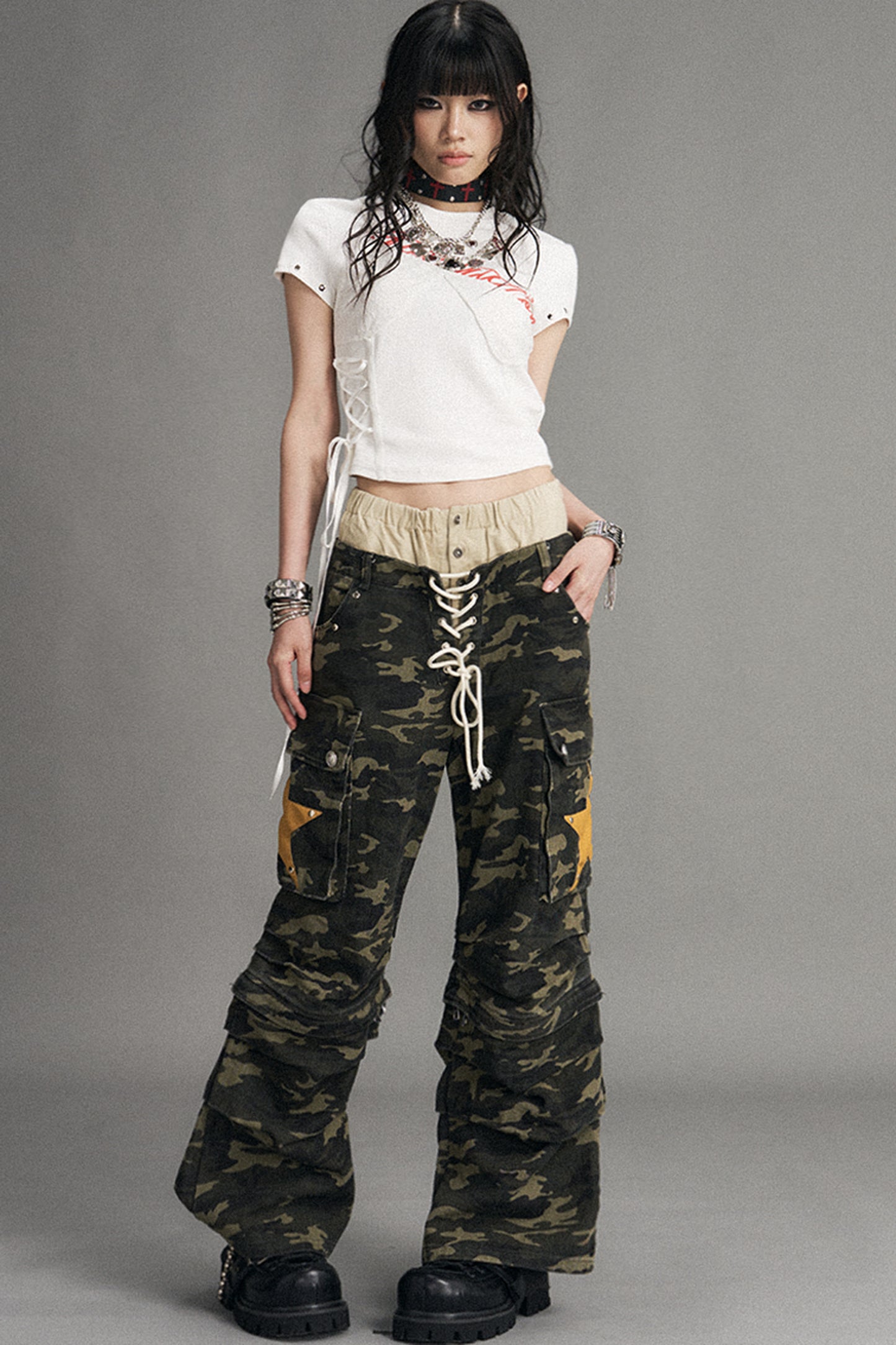 Punk Lace-Up Graphic Print Top