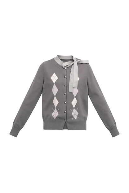 Gray Argyle Bow Tie Sweater and Skirt Set-Up