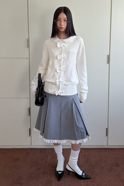 Gray Pleated Lace A-Line Skirt