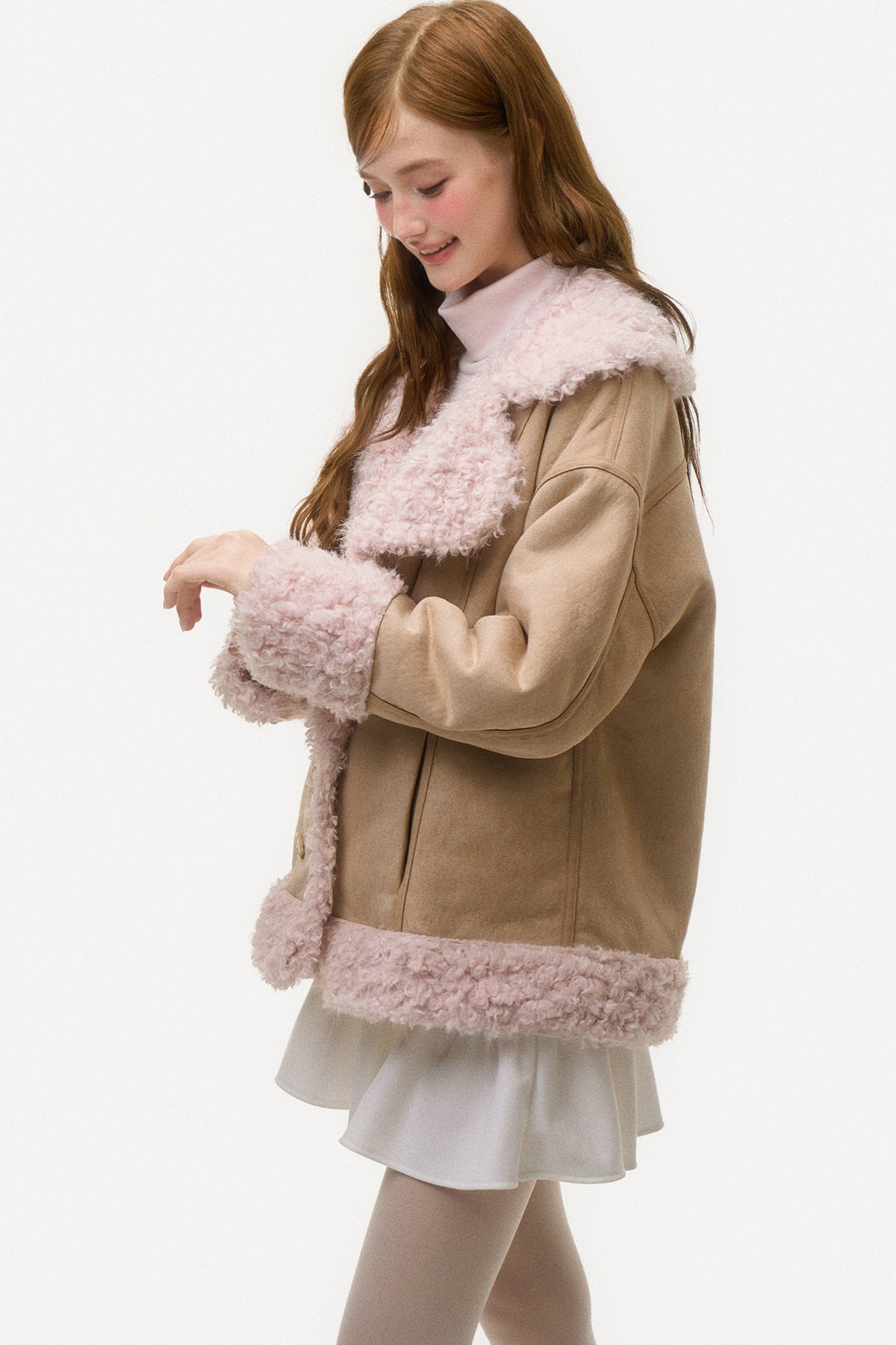 Pink Lamb Wool Patchwork Suede Jacket