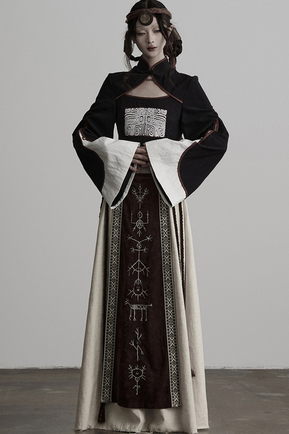 Embroidered Suede Panel Skirt