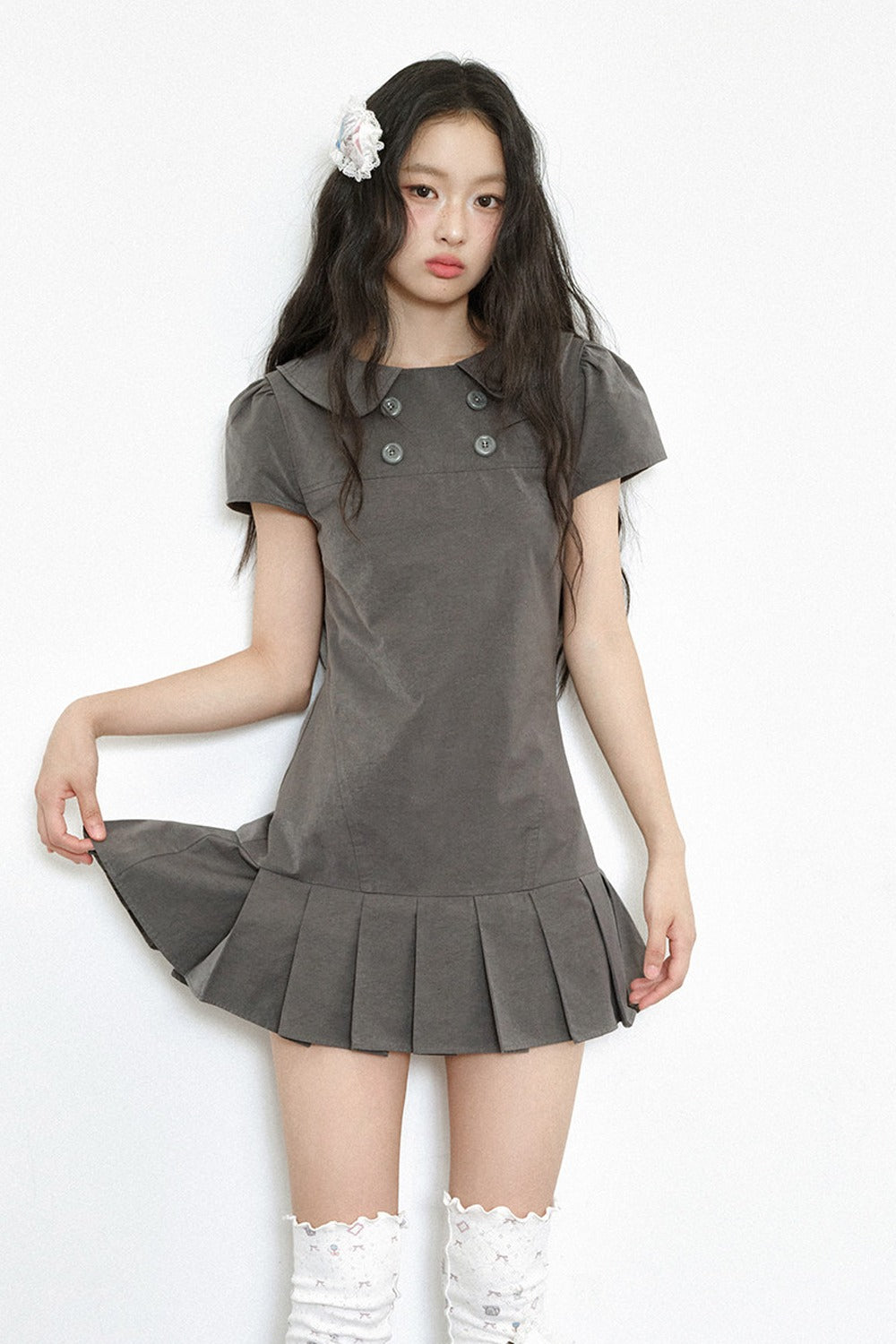 Gray Low-Waist Double-Breasted Patchwork Pleated Dress