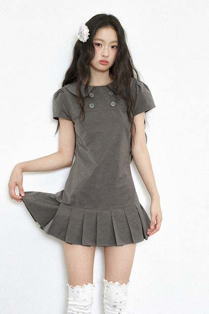 Gray Low-Waist Double-Breasted Patchwork Pleated Dress