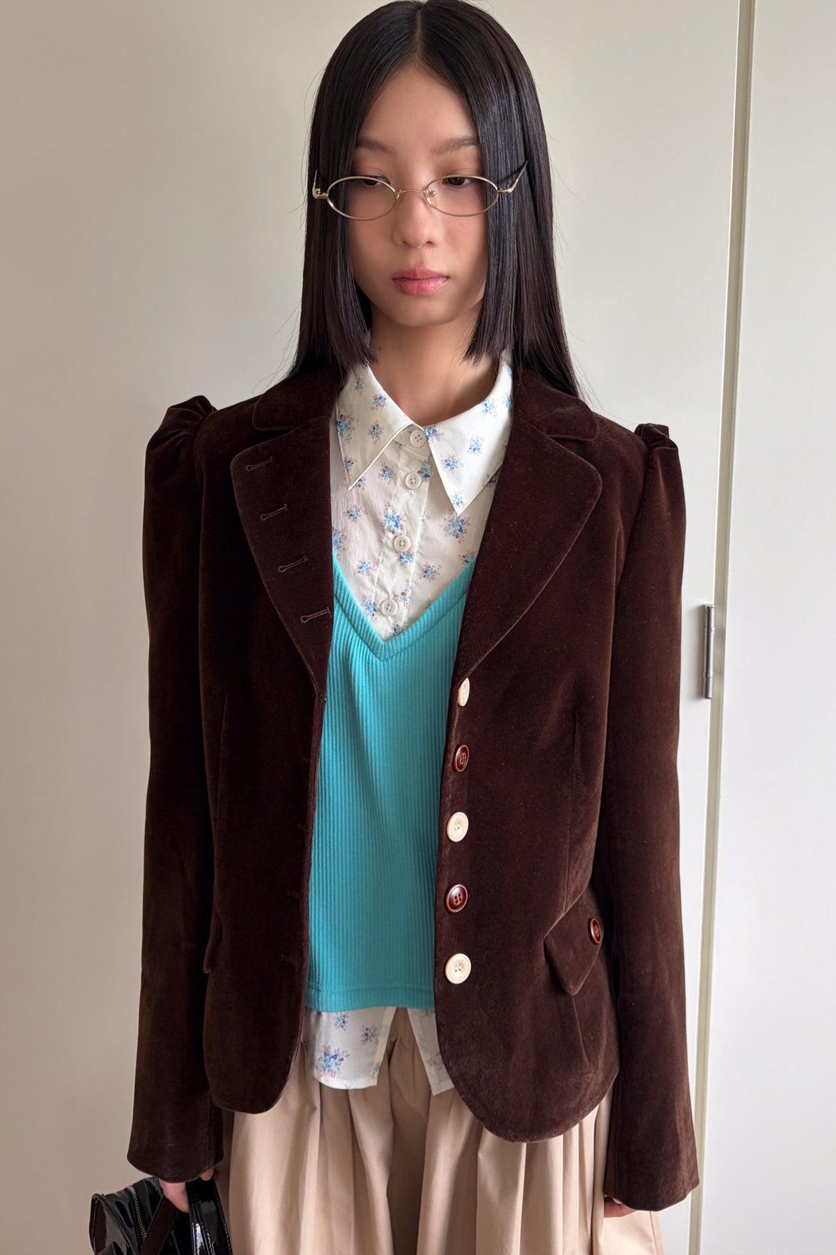 Brown Notch Lapel Puff Sleeve Blazer