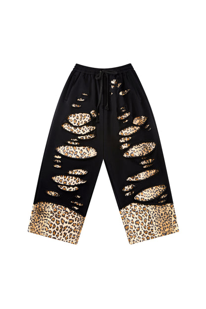 Leopard Print Ripped Double-Layer Sweatpants