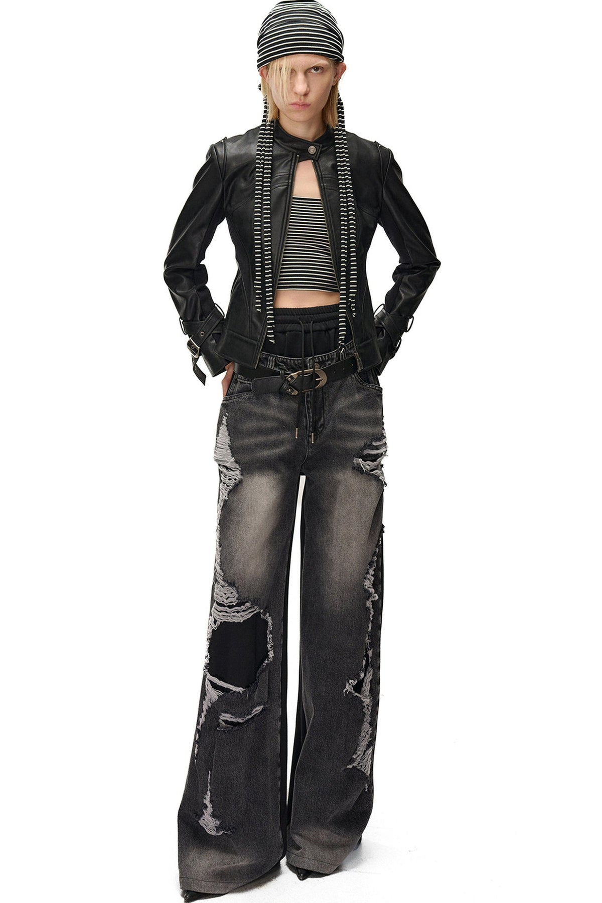 Slim-Fitting Functional Spliced PU Leather Jacket