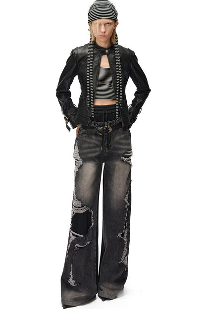 Slim-Fitting Functional Spliced PU Leather Jacket