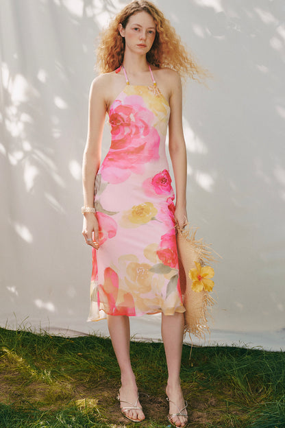 Watercolor Floral Halter Maxi Dress