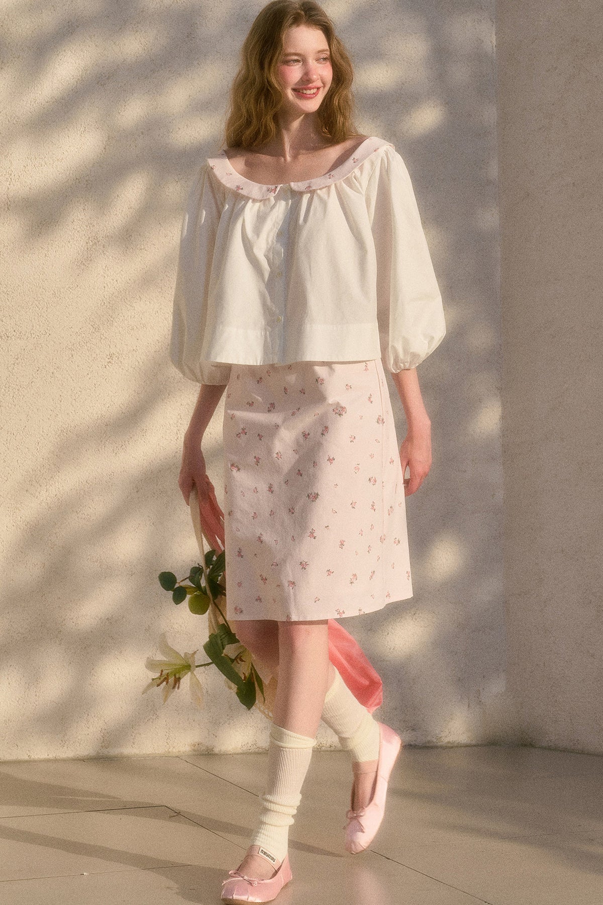 Floral Puff Sleeve Shirt and Skirt Set-Up