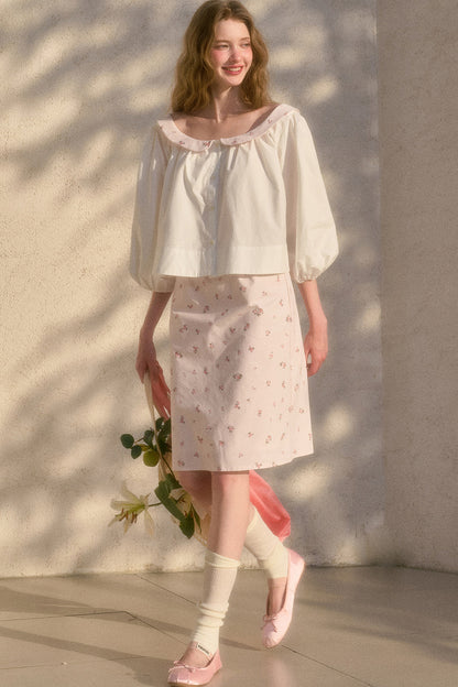 Floral Puff Sleeve Shirt and Skirt Set-Up