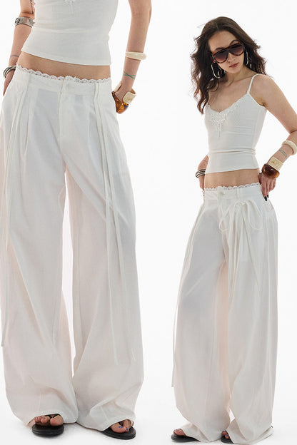 Lace Trim Pima Cotton Wide Leg Pants