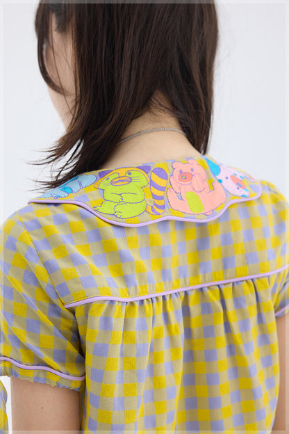 Yellow Purple Plaid Embroidered Doll Collar Shirt