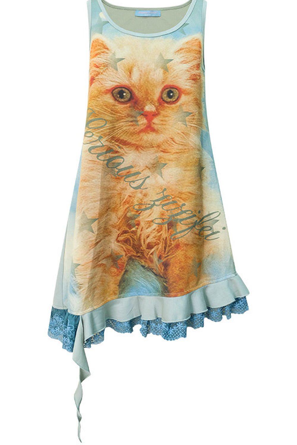 Robe chasuble à imprimé chat et bordure en dentelle
