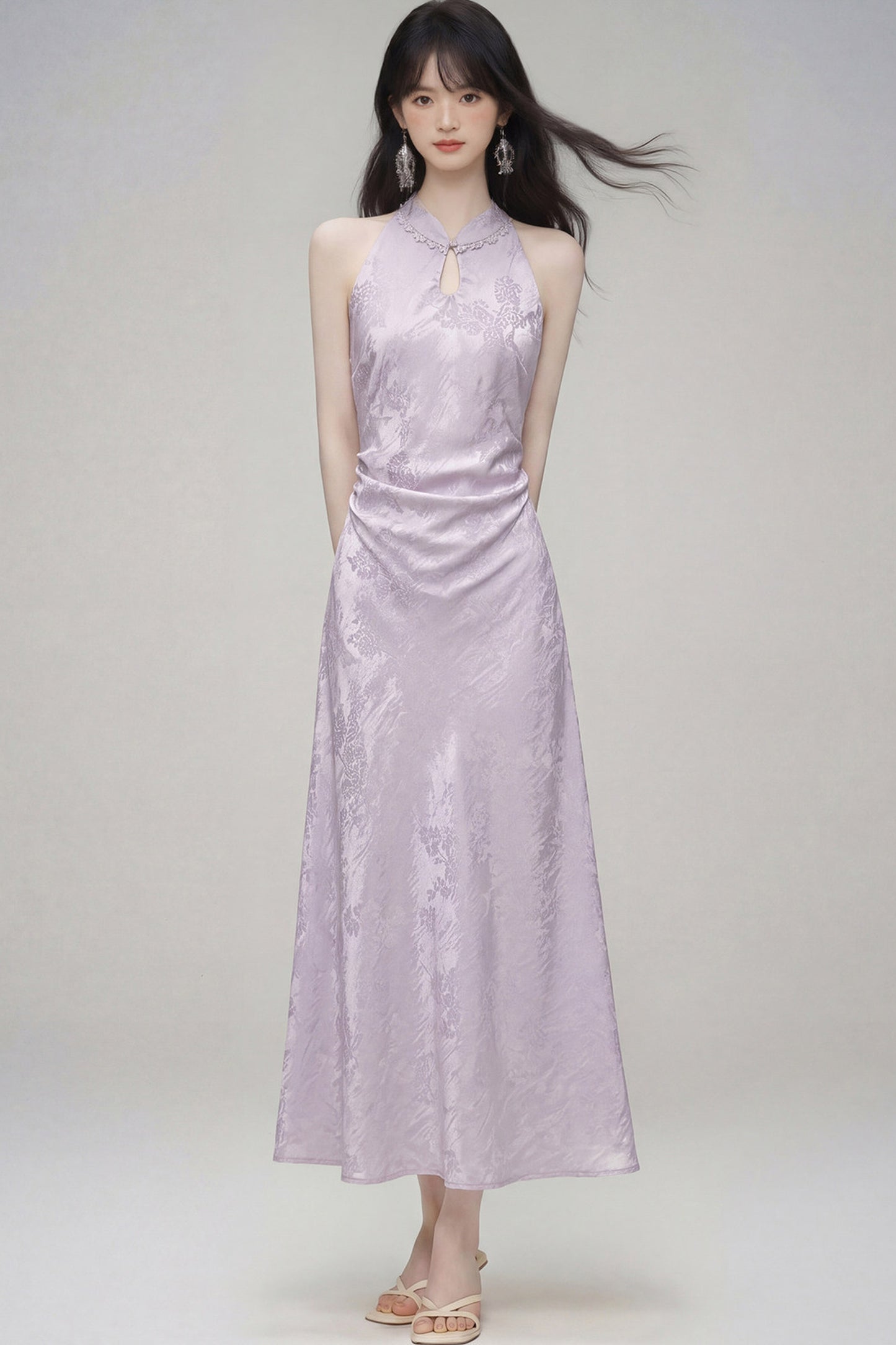 Halter-Neck Jacquard Cheongsam Dress