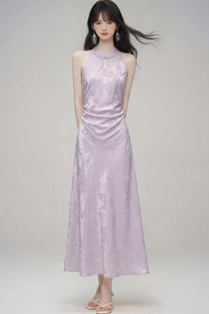 Halter-Neck Jacquard Cheongsam Dress