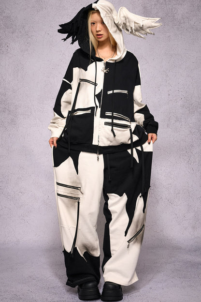Distressed Black White Angel Zipper Hoodie