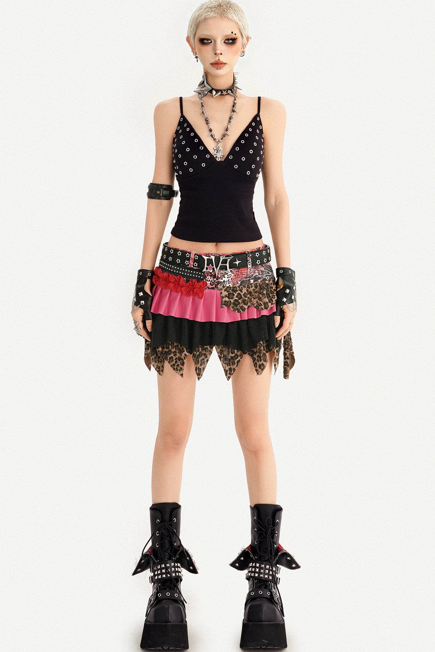 Y2K Leopard Patchwork Ruffle Skirt