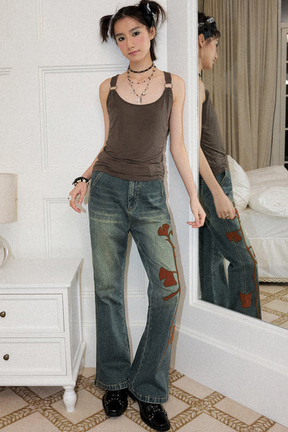 Ginkgo Leaf Embroidered Denim Pants