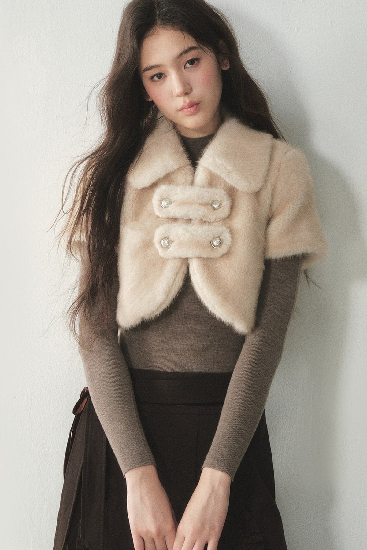 Short-Sleeved Double-Breasted Faux Fur Jacket