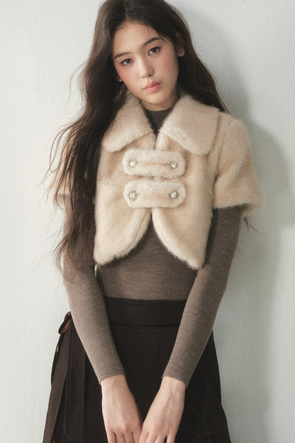 Short-Sleeved Double-Breasted Faux Fur Jacket