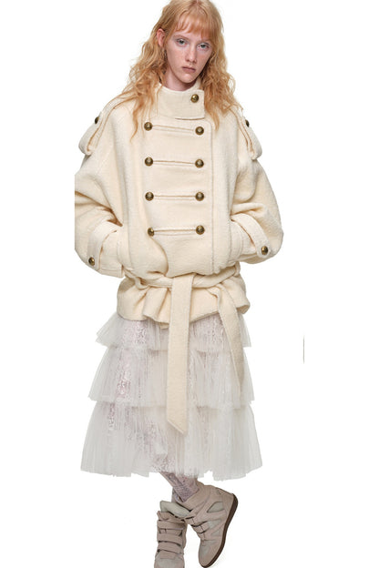 Double-Breasted Lace-Up Tweed Coat