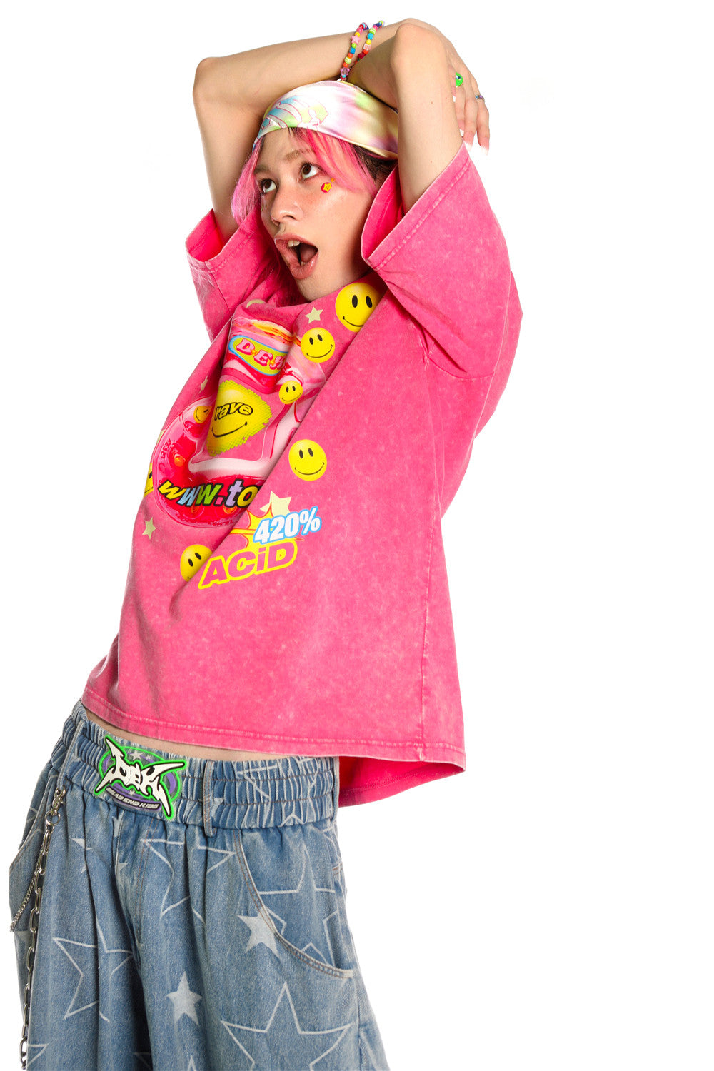 Blusa rosa Barbie Y2K dopamina effetto tintura annodata
