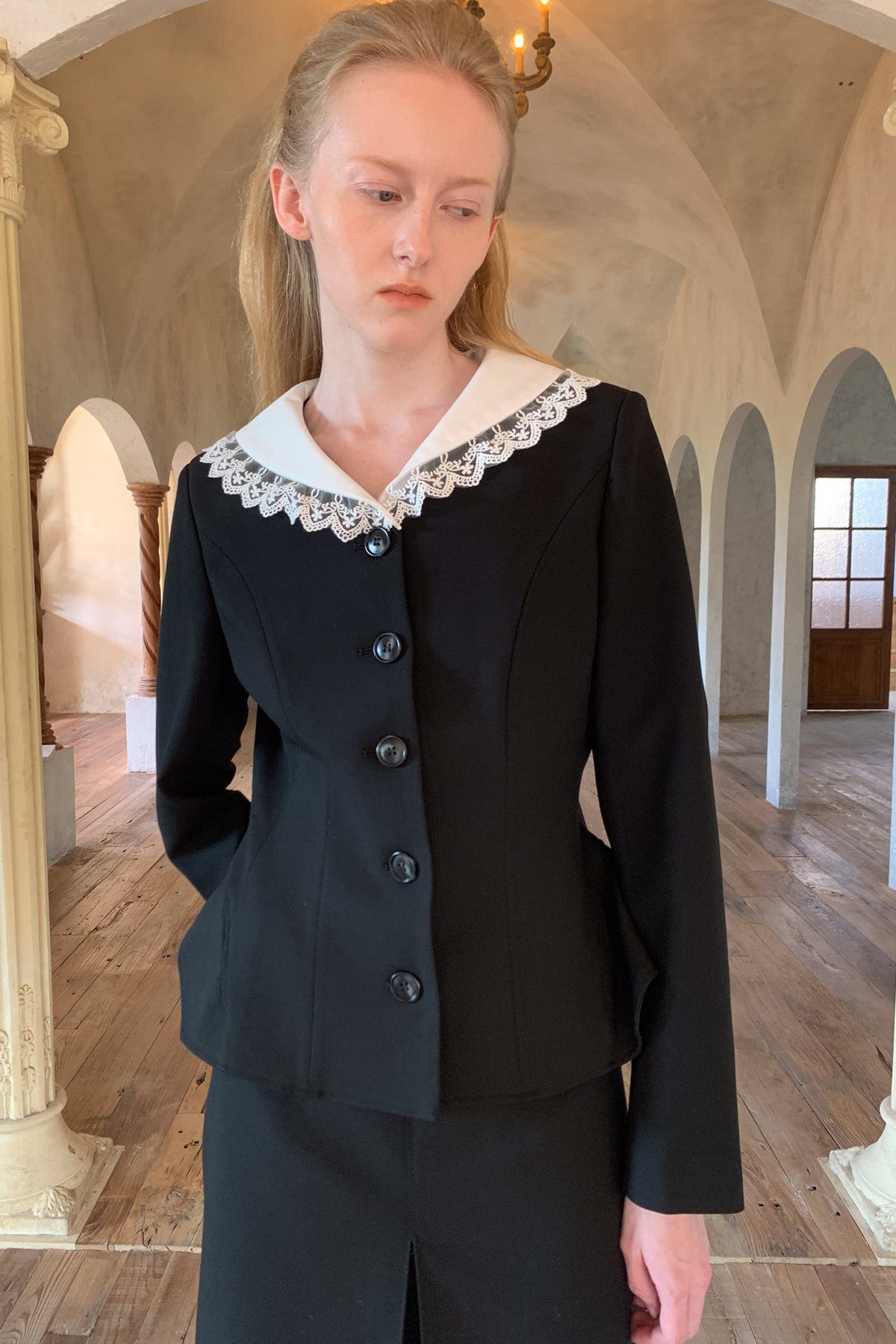 Black Lace Collar Jacket and Skirt Set-Up