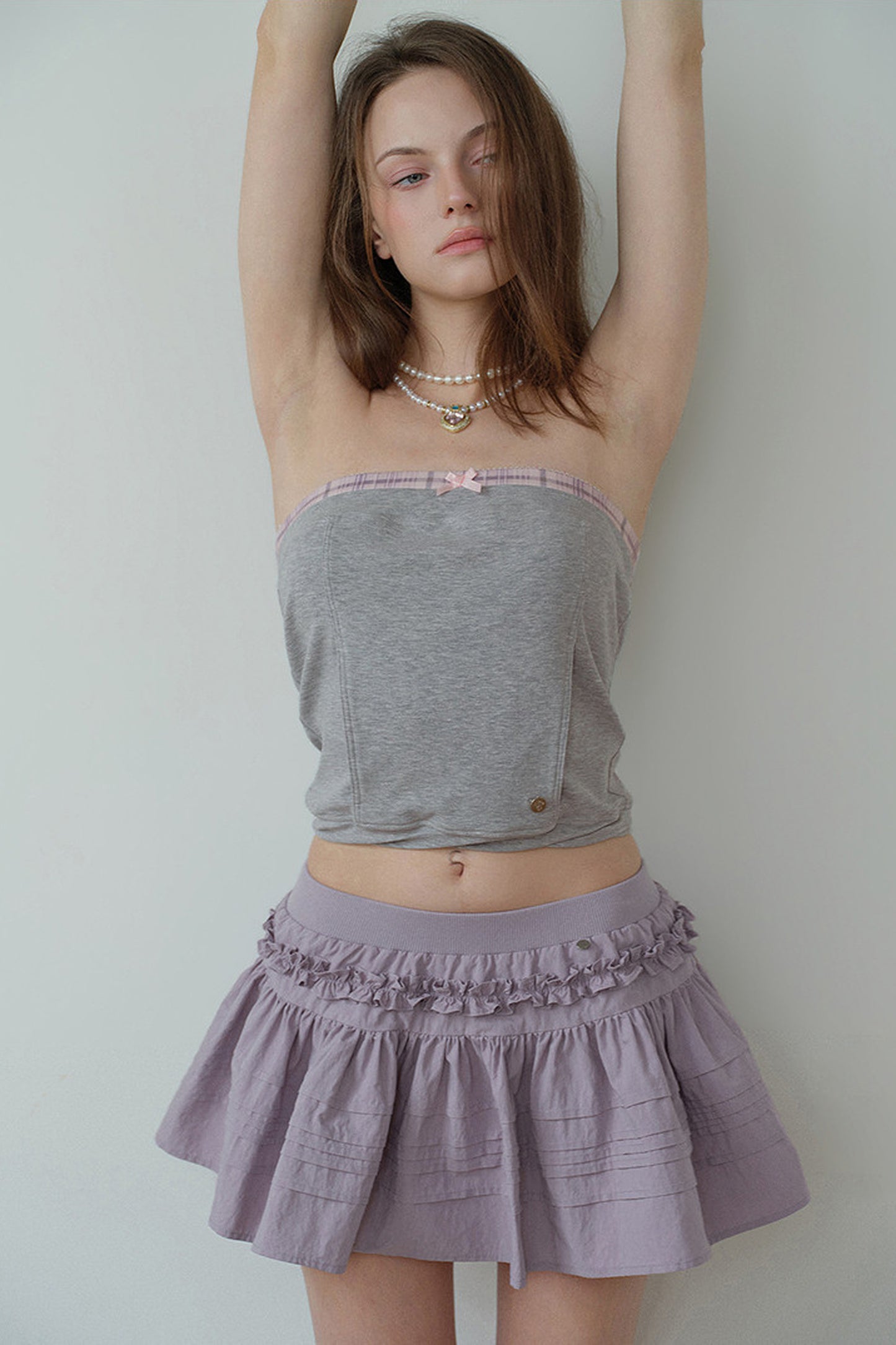 Gray Pink Plaid Bow Tube Top