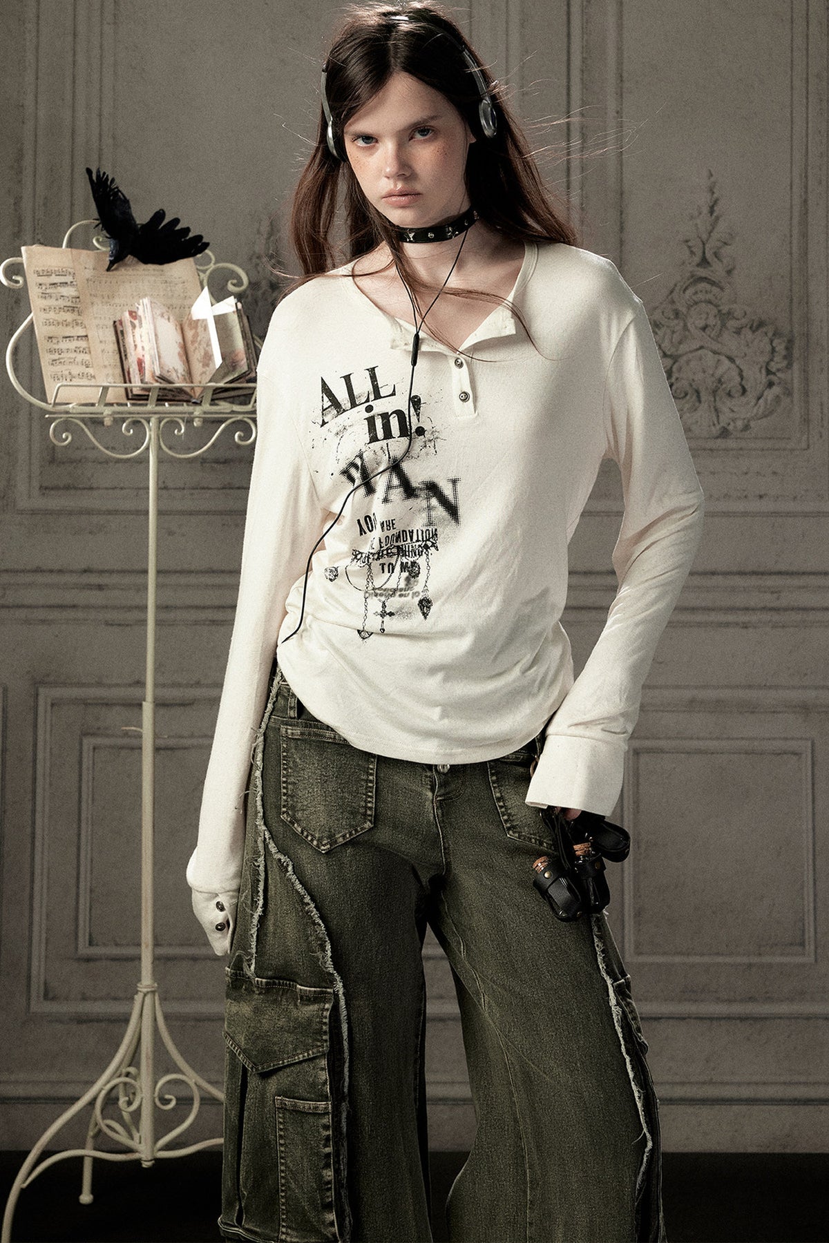 Beige Printed Long-Sleeved T-Shirt