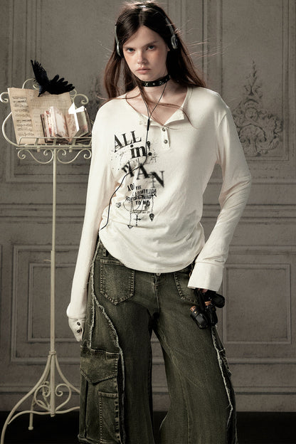 Beige Printed Long-Sleeved T-Shirt