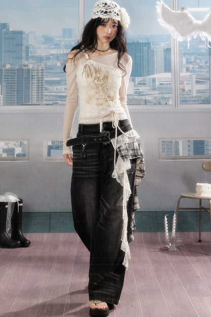 Karierte Wide-Leg-Jeans im Lagenlook