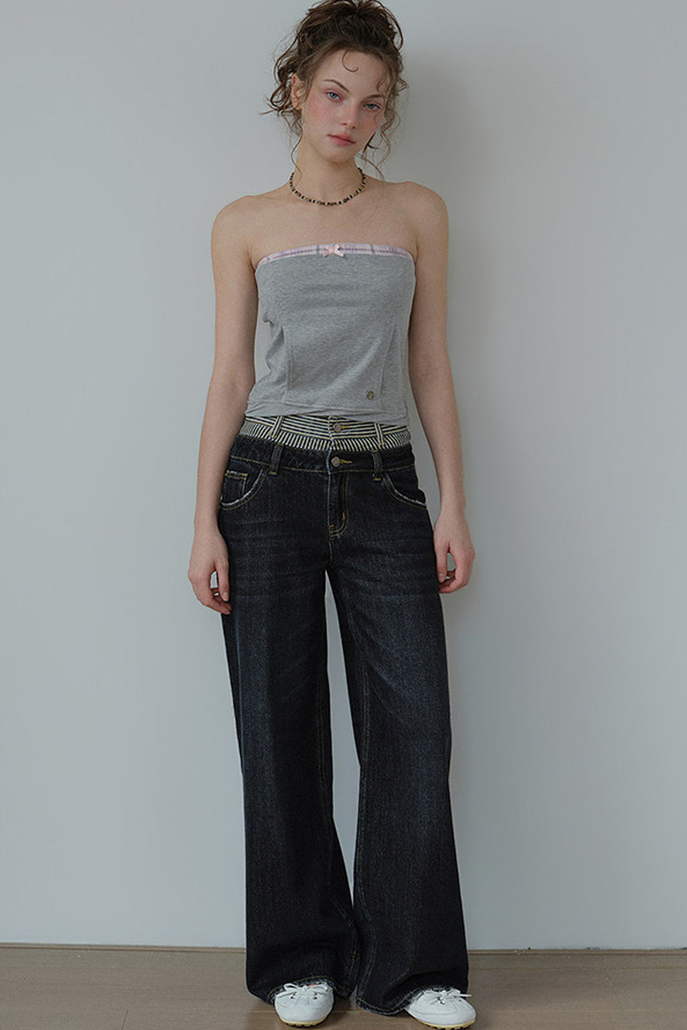 Striped Double Waistband Wide-Leg Jeans