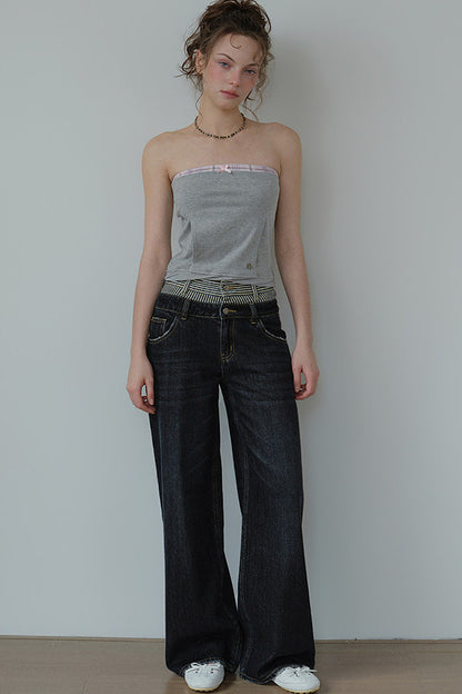 Striped Double Waistband Wide-Leg Jeans