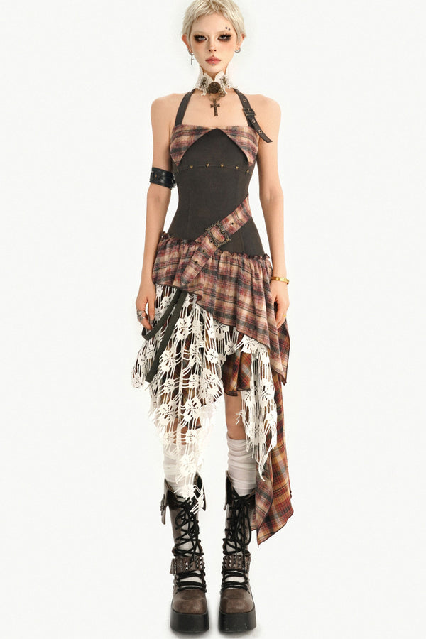 Irregular Plaid Lace Halter Dress