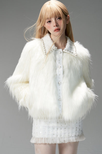 Snow Mountain Silver-White Long-Haired Fur Coat and Skirt Set-Up