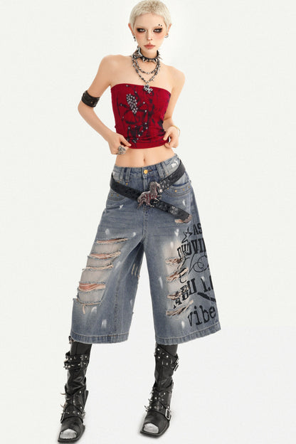 Distressed Letter Print Wide Leg Denim Pants
