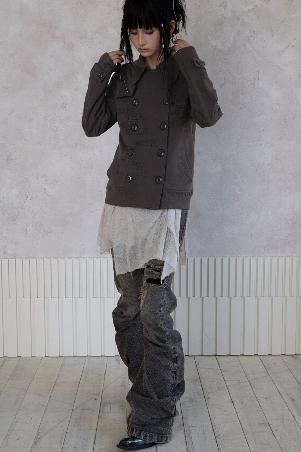 Trench Style Printed Unhemmed Double-Breasted Jacket