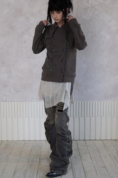 Trench Style Printed Unhemmed Double-Breasted Jacket
