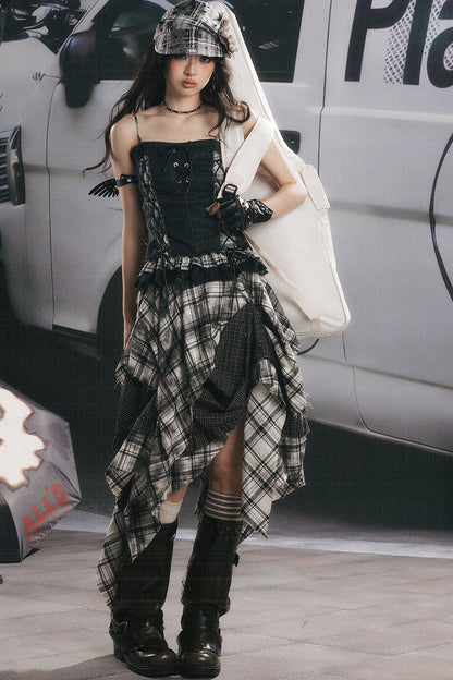 Plaid Splicing Ruffled Denim Camisole Top