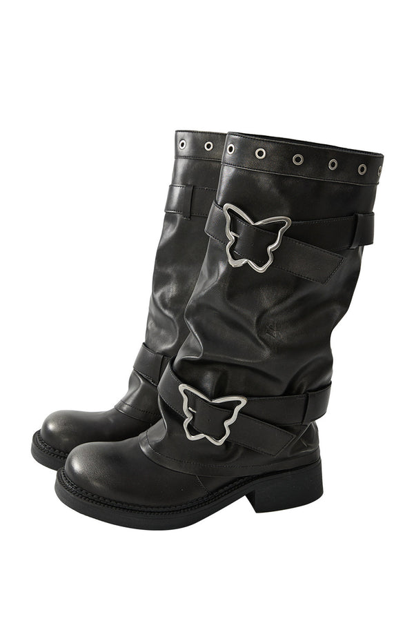 Distressed Butterfly Buckle Boots