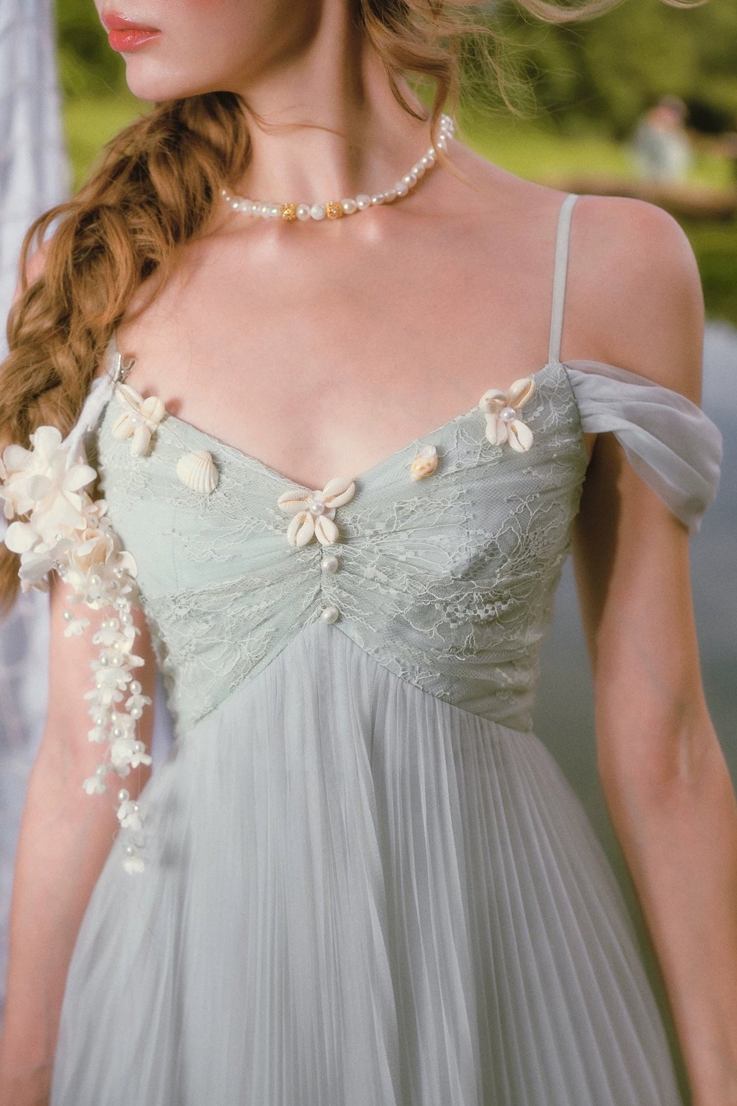 Pearl Shell Pleated Strap Dress