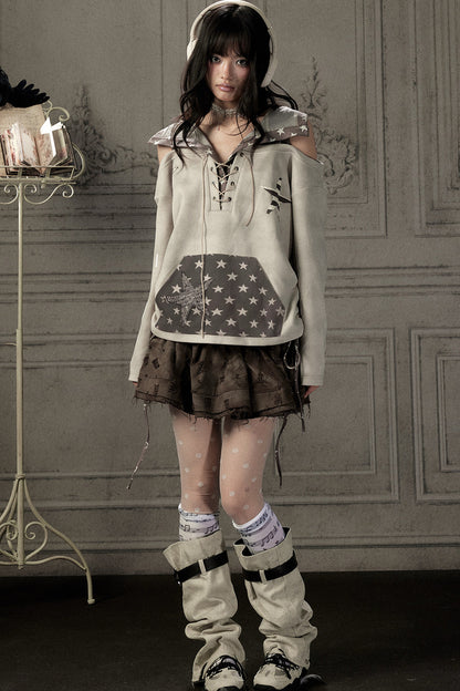 Bunny Ears Star Off-Shoulder Hoodie