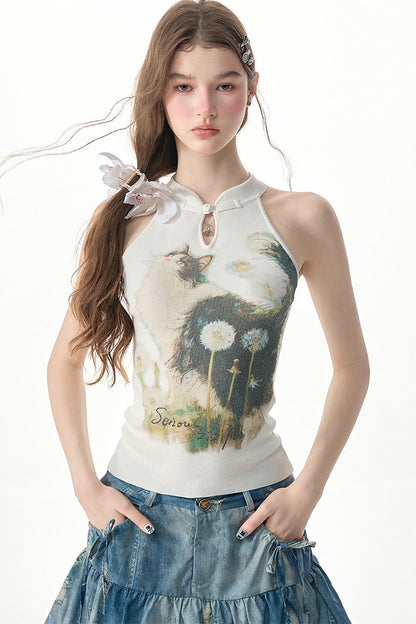 White Cat Print Knit Halter Top