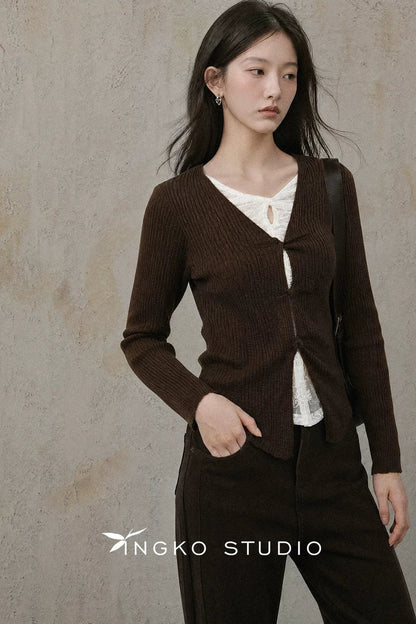 V-Neck Lace Knit Top