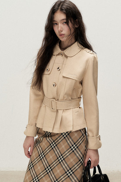 Cream Khaki Pleated A-Line Trench Coat