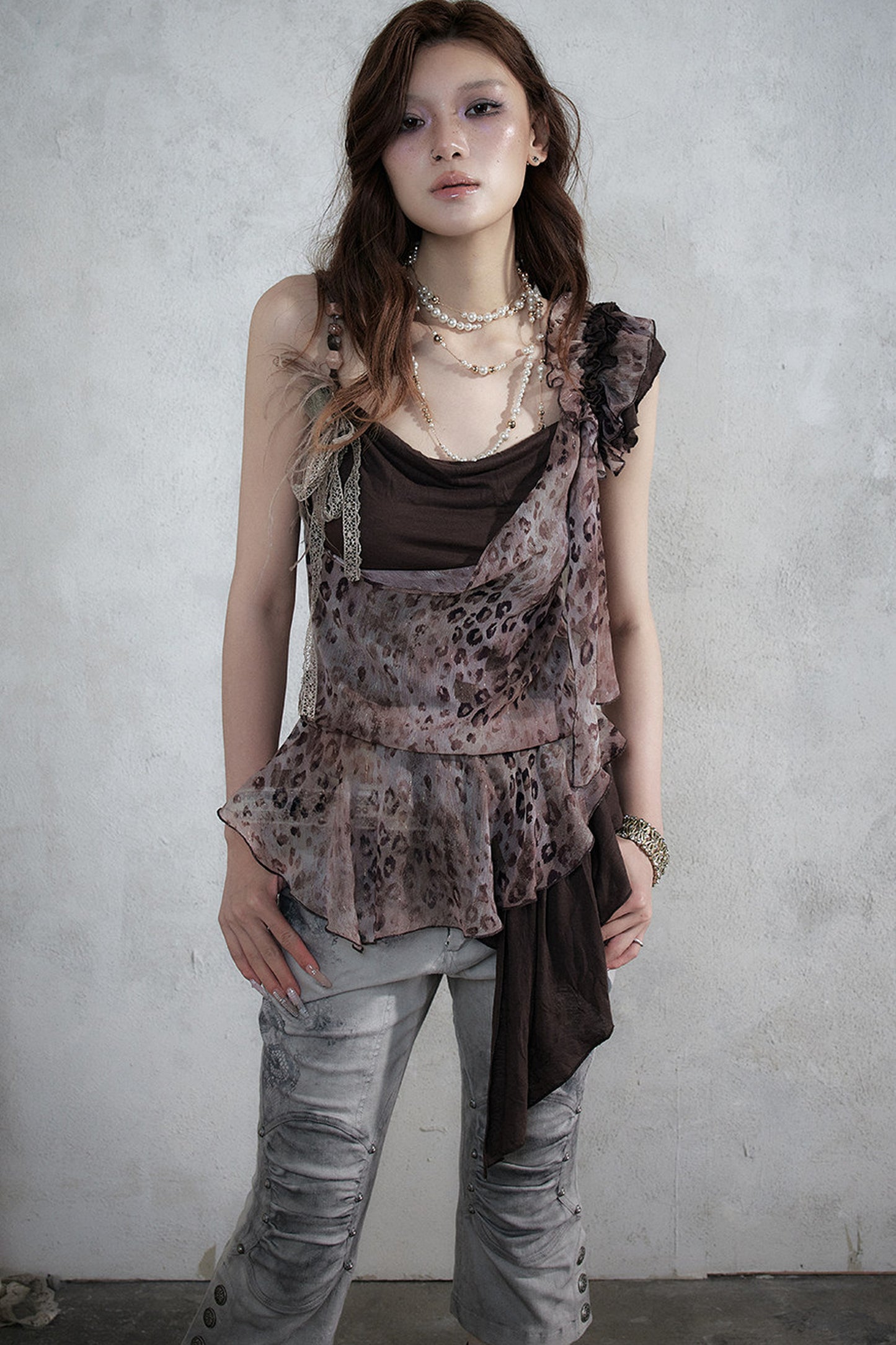 Leopard Print Layered-Look Strap Irregular Hem Dress