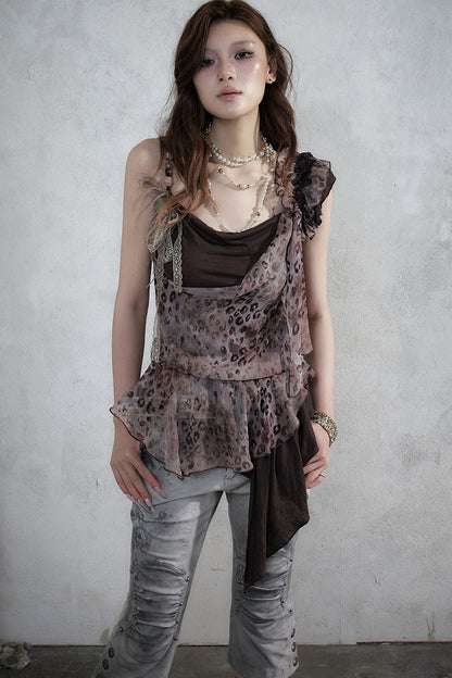 Leopard Print Layered-Look Strap Irregular Hem Dress