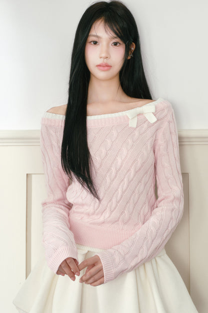 Pink Bow Cable-Knit Off-Shoulder Sweater